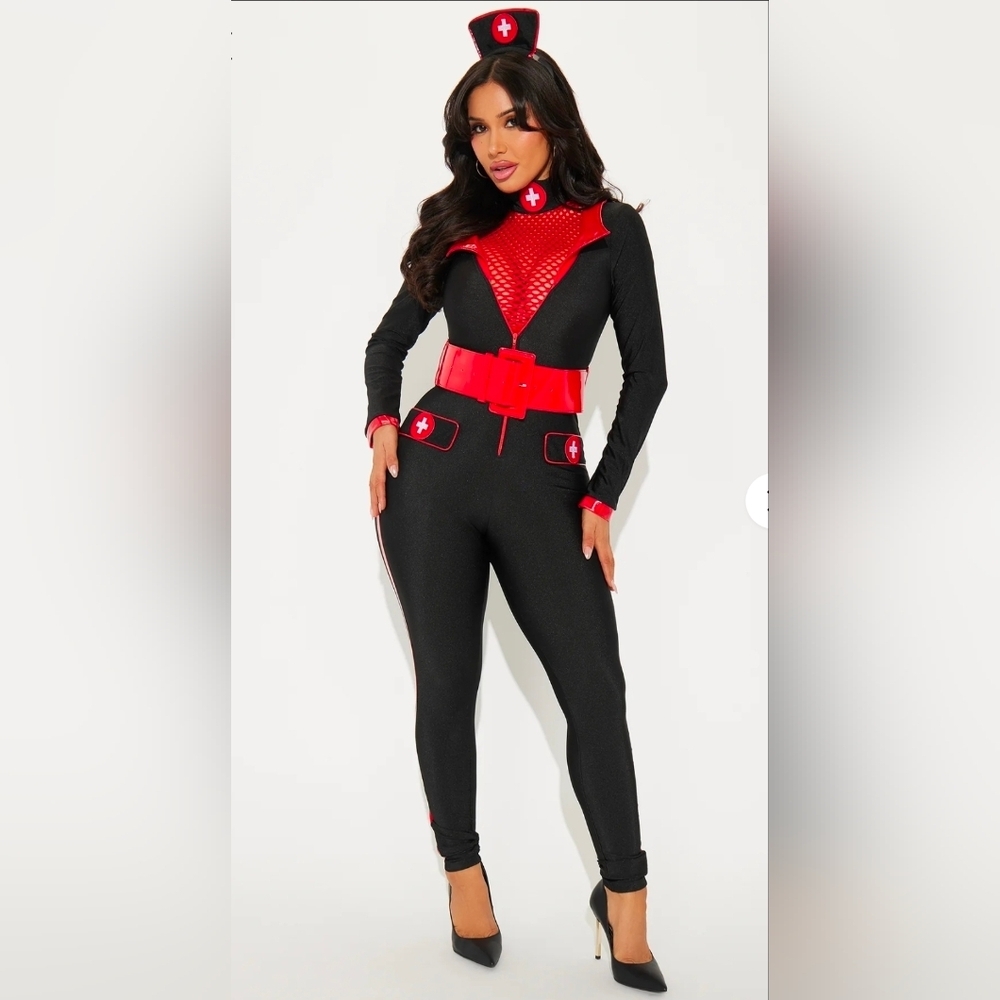 Sexy Nurse 3pcs Black and Red Jumpsuit Costume - Picture 1 of 4